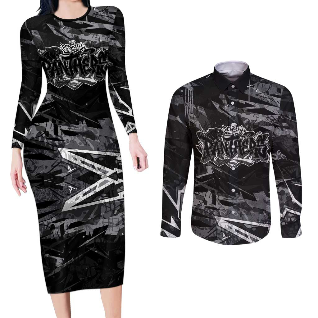 Personalized Penrith Panthers Couples Matching Long Sleeve Bodycon Dress and Long Sleeve Button Shirt Graffiti Grunge Abstract Urban Street Style Design
