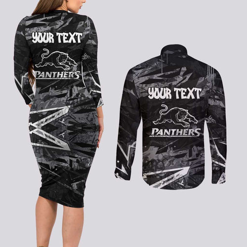 Personalized Penrith Panthers Couples Matching Long Sleeve Bodycon Dress and Long Sleeve Button Shirt Graffiti Grunge Abstract Urban Street Style Design
