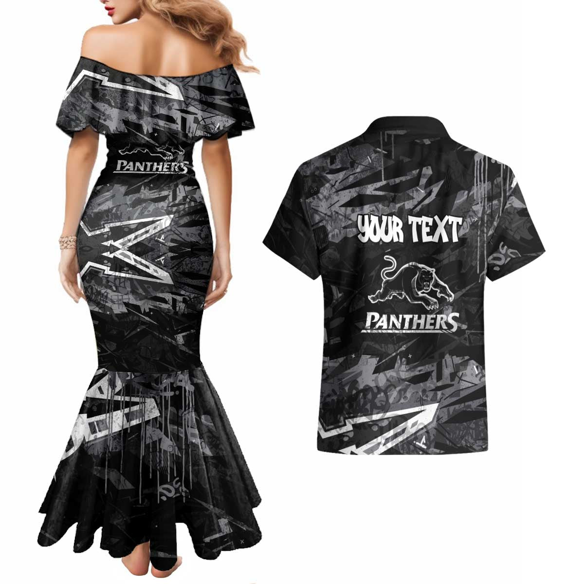 Personalized Penrith Panthers Couples Matching Mermaid Dress and Hawaiian Shirt Graffiti Grunge Abstract Urban Street Style Design