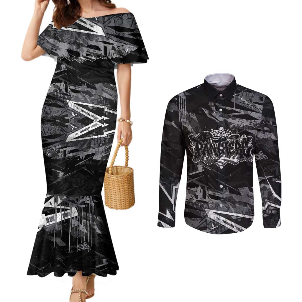 Personalized Penrith Panthers Couples Matching Mermaid Dress and Long Sleeve Button Shirt Graffiti Grunge Abstract Urban Street Style Design