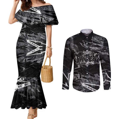 Personalized Penrith Panthers Couples Matching Mermaid Dress and Long Sleeve Button Shirt Graffiti Grunge Abstract Urban Street Style Design