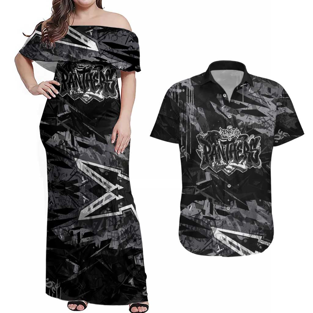 Personalized Penrith Panthers Couples Matching Off Shoulder Maxi Dress and Hawaiian Shirt Graffiti Grunge Abstract Urban Street Style Design