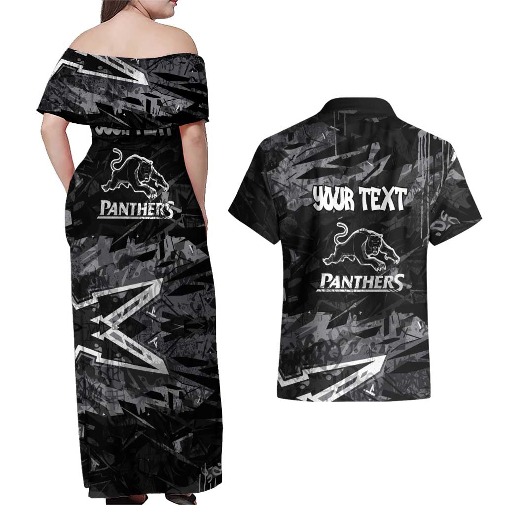 Personalized Penrith Panthers Couples Matching Off Shoulder Maxi Dress and Hawaiian Shirt Graffiti Grunge Abstract Urban Street Style Design