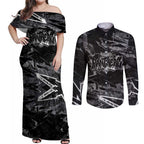 Personalized Penrith Panthers Couples Matching Off Shoulder Maxi Dress and Long Sleeve Button Shirt Graffiti Grunge Abstract Urban Street Style Design