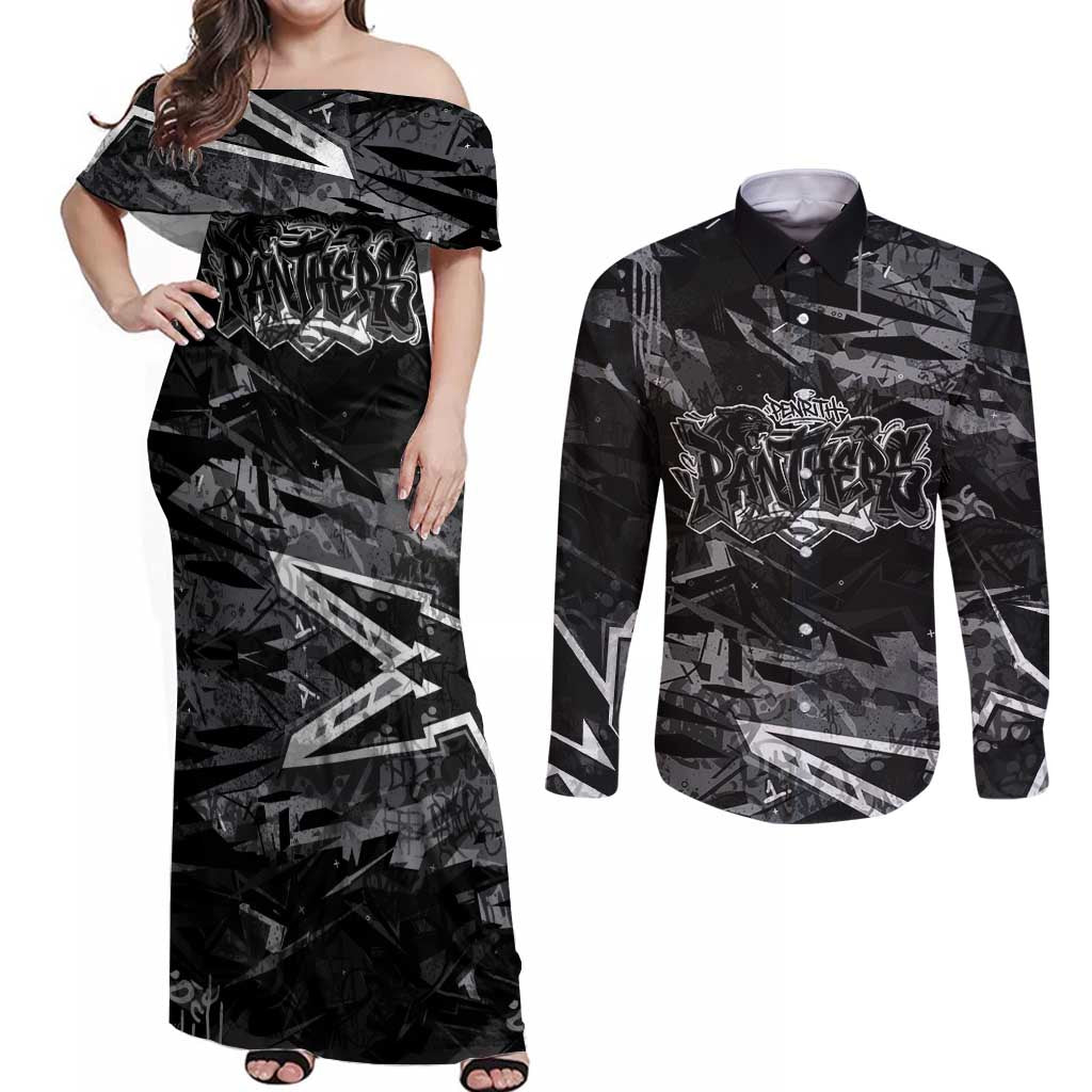 Personalized Penrith Panthers Couples Matching Off Shoulder Maxi Dress and Long Sleeve Button Shirt Graffiti Grunge Abstract Urban Street Style Design