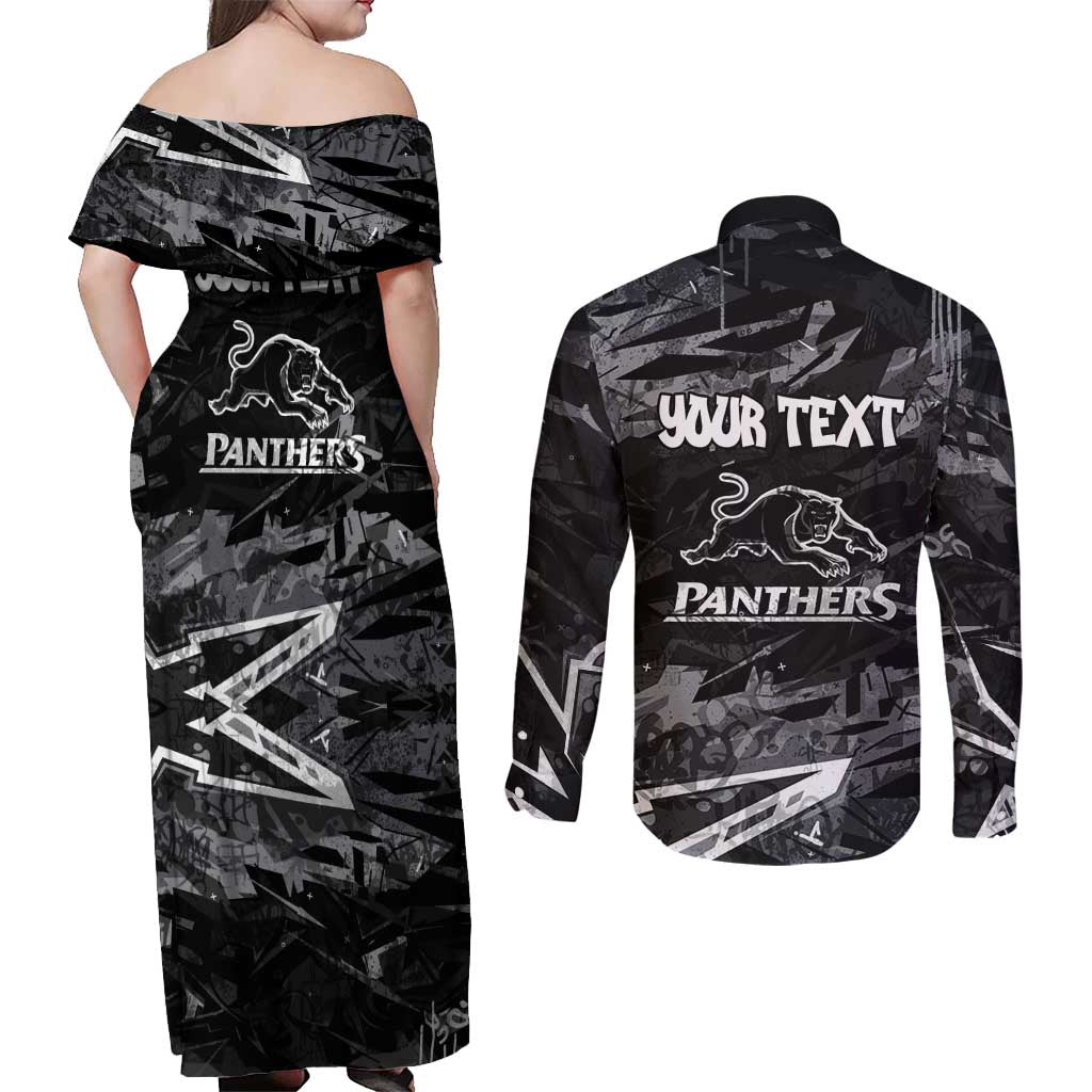 Personalized Penrith Panthers Couples Matching Off Shoulder Maxi Dress and Long Sleeve Button Shirt Graffiti Grunge Abstract Urban Street Style Design