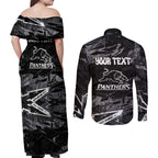 Personalized Penrith Panthers Couples Matching Off Shoulder Maxi Dress and Long Sleeve Button Shirt Graffiti Grunge Abstract Urban Street Style Design