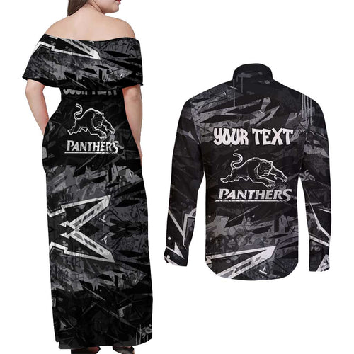 Personalized Penrith Panthers Couples Matching Off Shoulder Maxi Dress and Long Sleeve Button Shirt Graffiti Grunge Abstract Urban Street Style Design