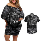 Personalized Penrith Panthers Couples Matching Off Shoulder Short Dress and Hawaiian Shirt Graffiti Grunge Abstract Urban Street Style Design