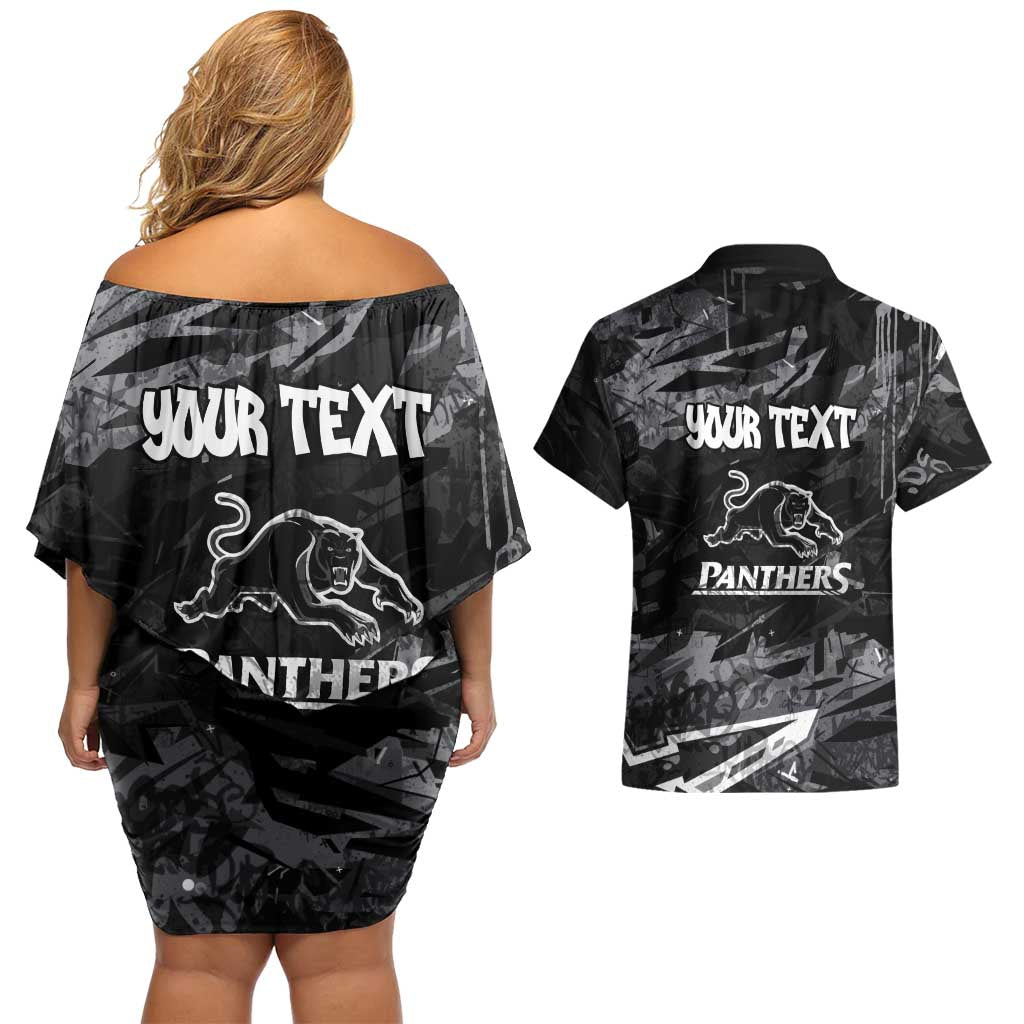Personalized Penrith Panthers Couples Matching Off Shoulder Short Dress and Hawaiian Shirt Graffiti Grunge Abstract Urban Street Style Design