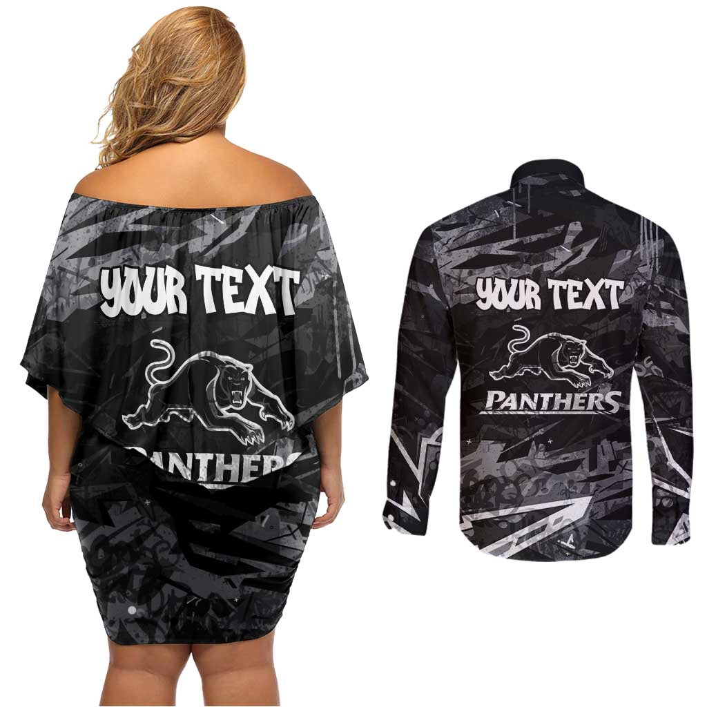Personalized Penrith Panthers Couples Matching Off Shoulder Short Dress and Long Sleeve Button Shirt Graffiti Grunge Abstract Urban Street Style Design