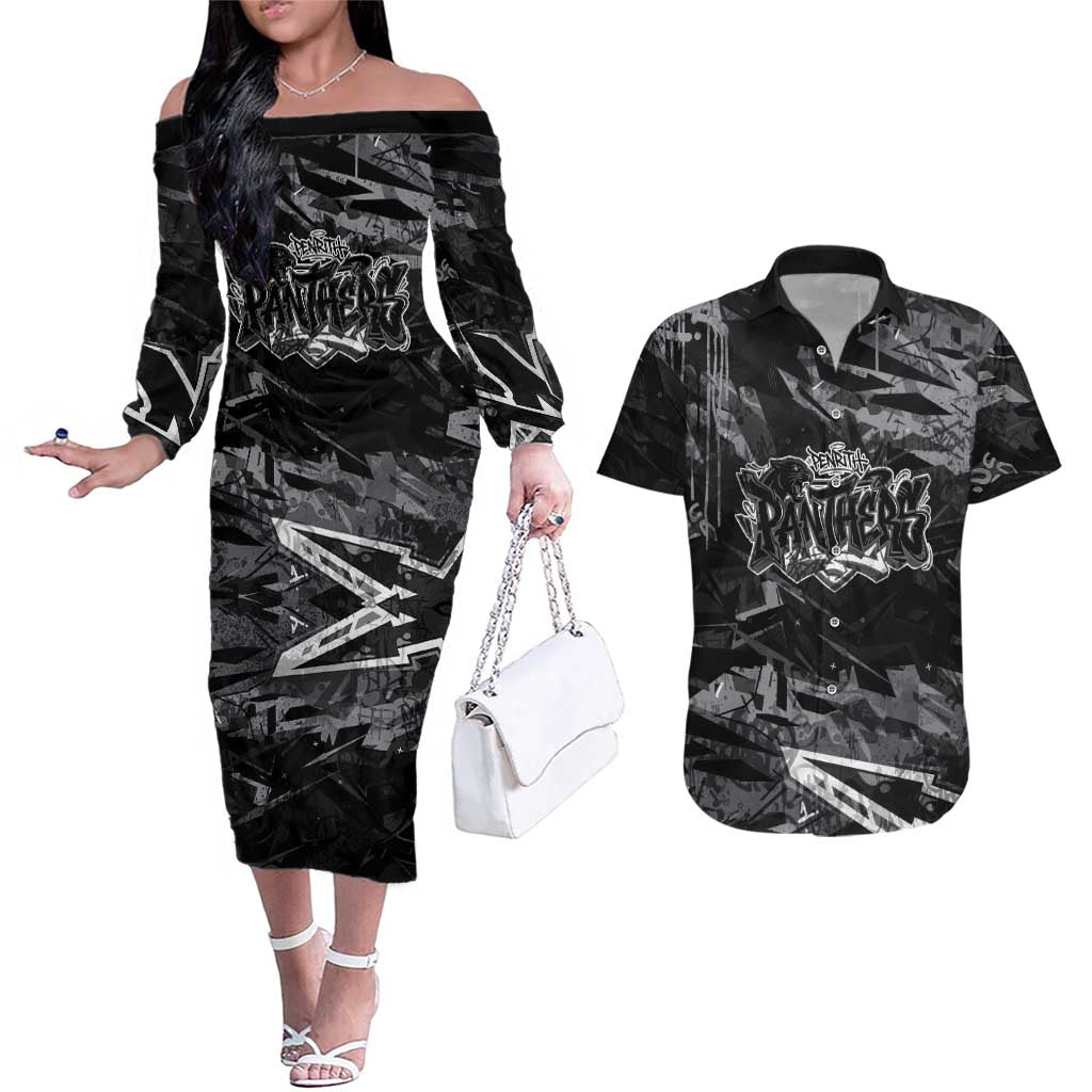 Personalized Penrith Panthers Couples Matching Off The Shoulder Long Sleeve Dress and Hawaiian Shirt Graffiti Grunge Abstract Urban Street Style Design