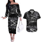Personalized Penrith Panthers Couples Matching Off The Shoulder Long Sleeve Dress and Hawaiian Shirt Graffiti Grunge Abstract Urban Street Style Design