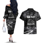 Personalized Penrith Panthers Couples Matching Off The Shoulder Long Sleeve Dress and Hawaiian Shirt Graffiti Grunge Abstract Urban Street Style Design