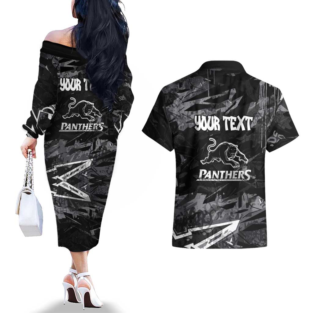 Personalized Penrith Panthers Couples Matching Off The Shoulder Long Sleeve Dress and Hawaiian Shirt Graffiti Grunge Abstract Urban Street Style Design