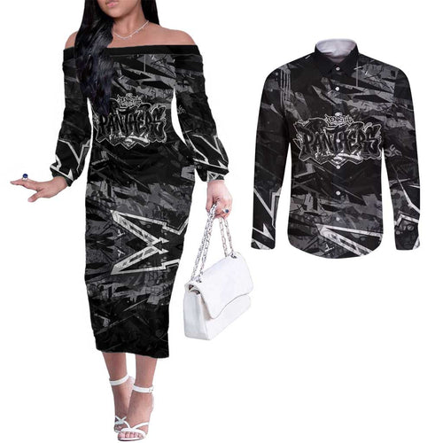 Personalized Penrith Panthers Couples Matching Off The Shoulder Long Sleeve Dress and Long Sleeve Button Shirt Graffiti Grunge Abstract Urban Street Style Design