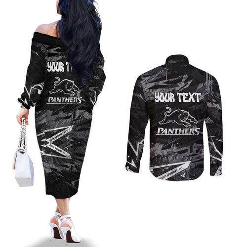 Personalized Penrith Panthers Couples Matching Off The Shoulder Long Sleeve Dress and Long Sleeve Button Shirt Graffiti Grunge Abstract Urban Street Style Design