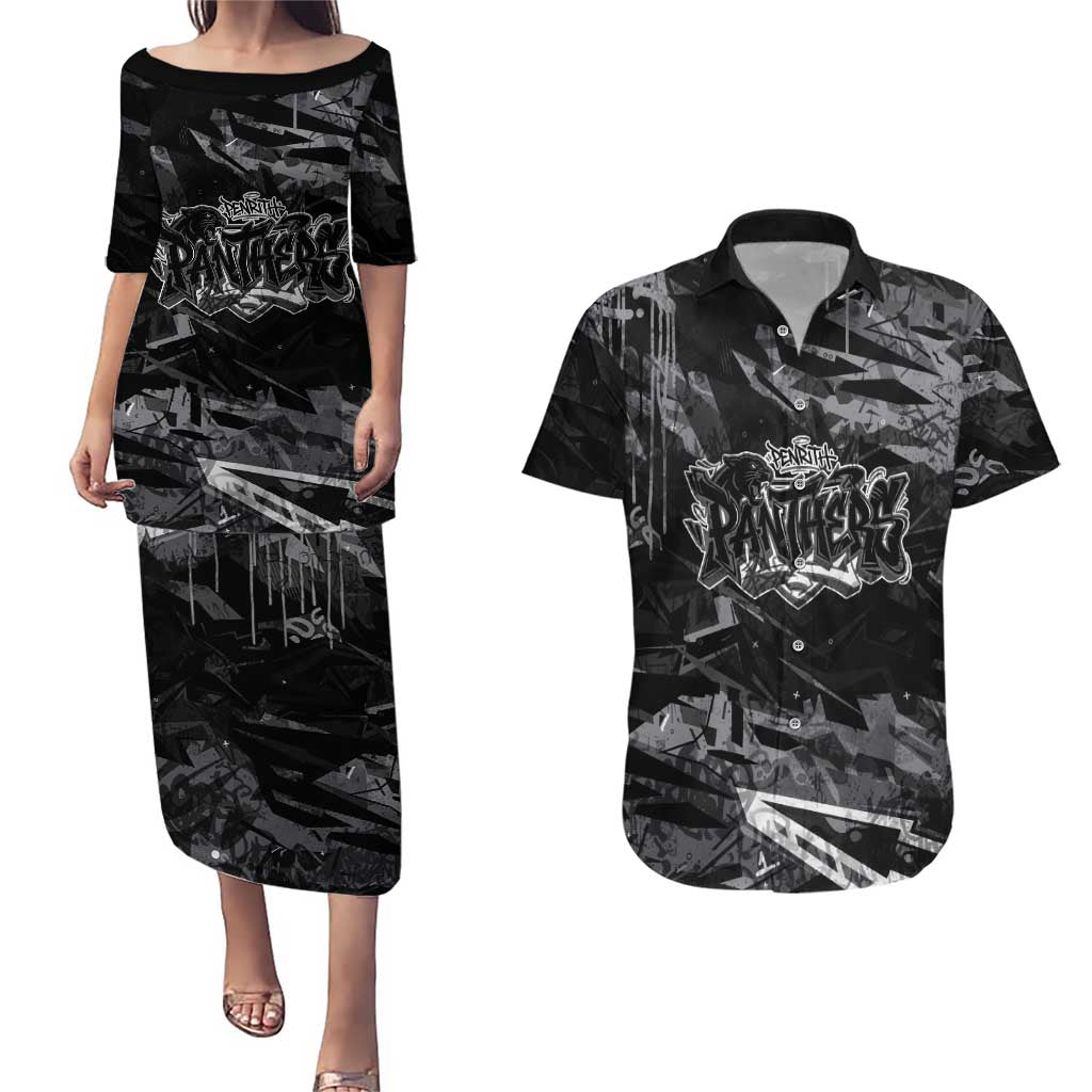 Personalized Penrith Panthers Couples Matching Puletasi and Hawaiian Shirt Graffiti Grunge Abstract Urban Street Style Design