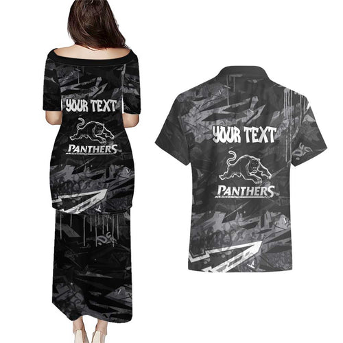 Personalized Penrith Panthers Couples Matching Puletasi and Hawaiian Shirt Graffiti Grunge Abstract Urban Street Style Design