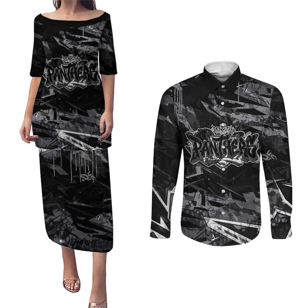 Personalized Penrith Panthers Couples Matching Puletasi and Long Sleeve Button Shirt Graffiti Grunge Abstract Urban Street Style Design