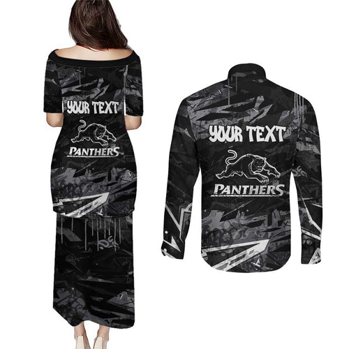 Personalized Penrith Panthers Couples Matching Puletasi and Long Sleeve Button Shirt Graffiti Grunge Abstract Urban Street Style Design