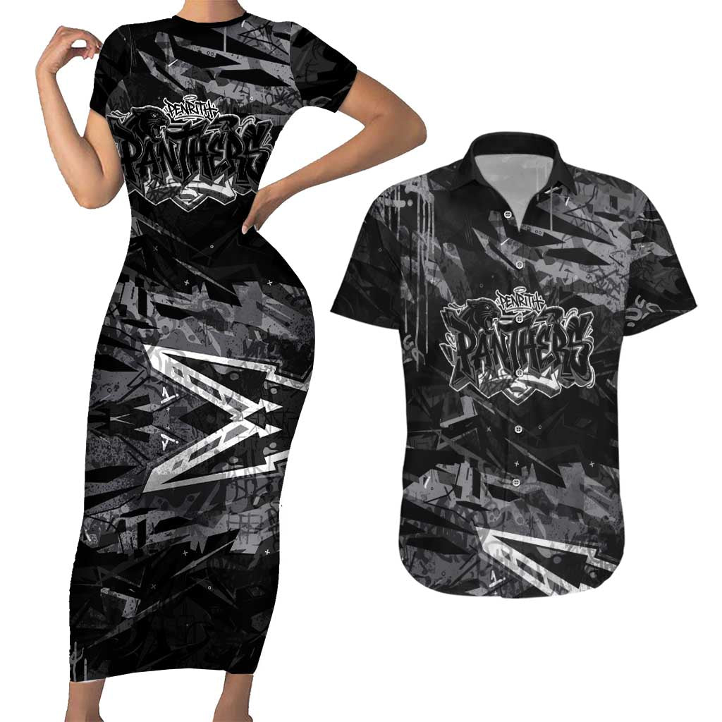Personalized Penrith Panthers Couples Matching Short Sleeve Bodycon Dress and Hawaiian Shirt Graffiti Grunge Abstract Urban Street Style Design