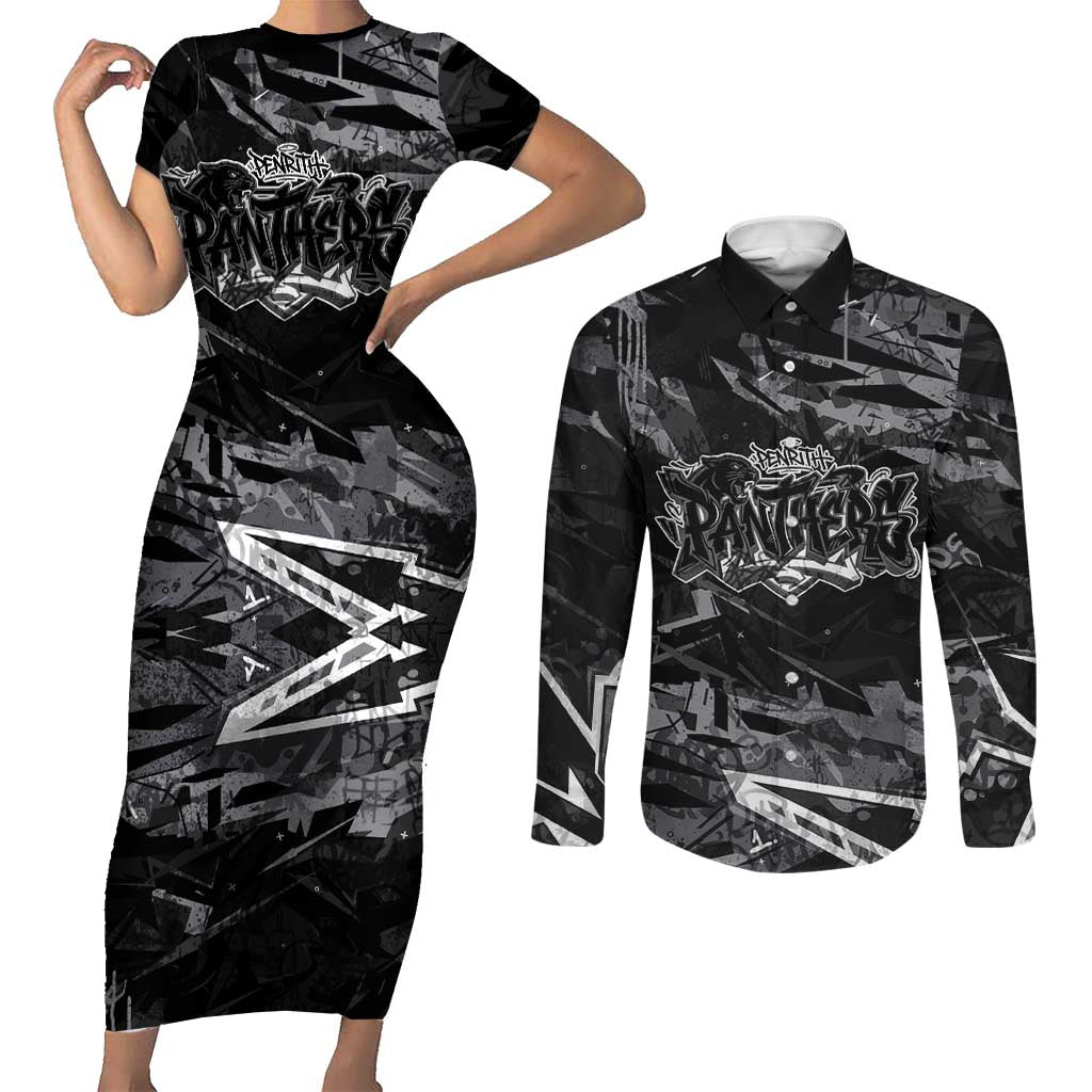 Personalized Penrith Panthers Couples Matching Short Sleeve Bodycon Dress and Long Sleeve Button Shirt Graffiti Grunge Abstract Urban Street Style Design