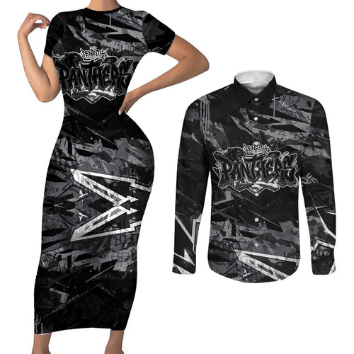 Personalized Penrith Panthers Couples Matching Short Sleeve Bodycon Dress and Long Sleeve Button Shirt Graffiti Grunge Abstract Urban Street Style Design