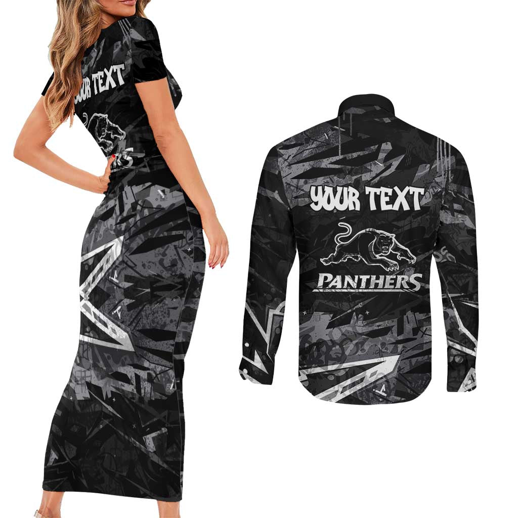Personalized Penrith Panthers Couples Matching Short Sleeve Bodycon Dress and Long Sleeve Button Shirt Graffiti Grunge Abstract Urban Street Style Design