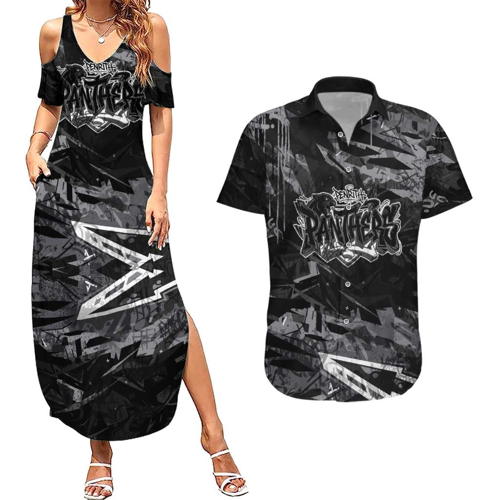 Personalized Penrith Panthers Couples Matching Summer Maxi Dress and Hawaiian Shirt Graffiti Grunge Abstract Urban Street Style Design