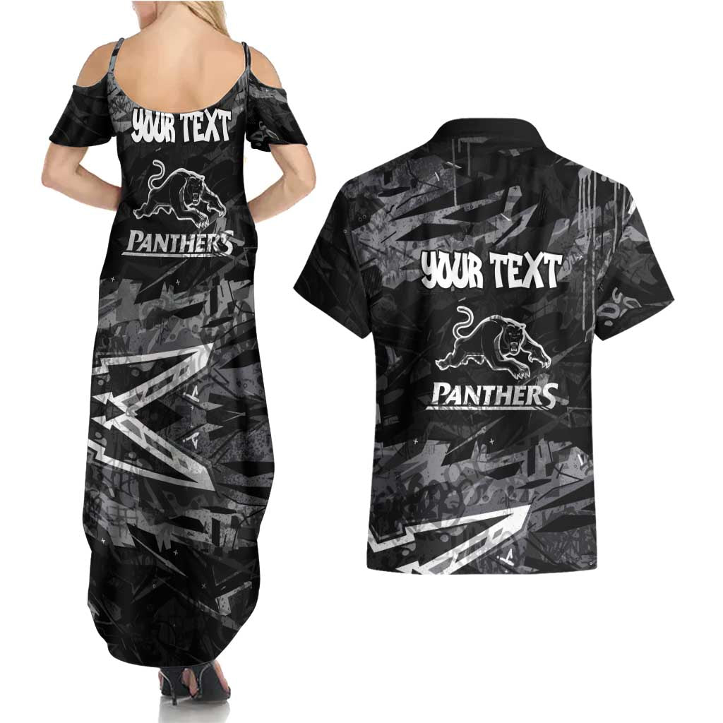 Personalized Penrith Panthers Couples Matching Summer Maxi Dress and Hawaiian Shirt Graffiti Grunge Abstract Urban Street Style Design