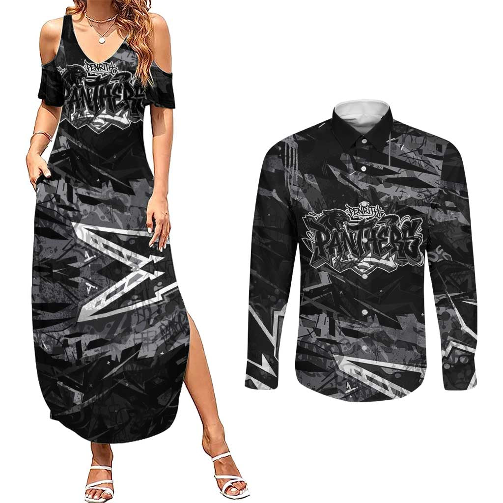 Personalized Penrith Panthers Couples Matching Summer Maxi Dress and Long Sleeve Button Shirt Graffiti Grunge Abstract Urban Street Style Design
