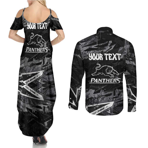 Personalized Penrith Panthers Couples Matching Summer Maxi Dress and Long Sleeve Button Shirt Graffiti Grunge Abstract Urban Street Style Design