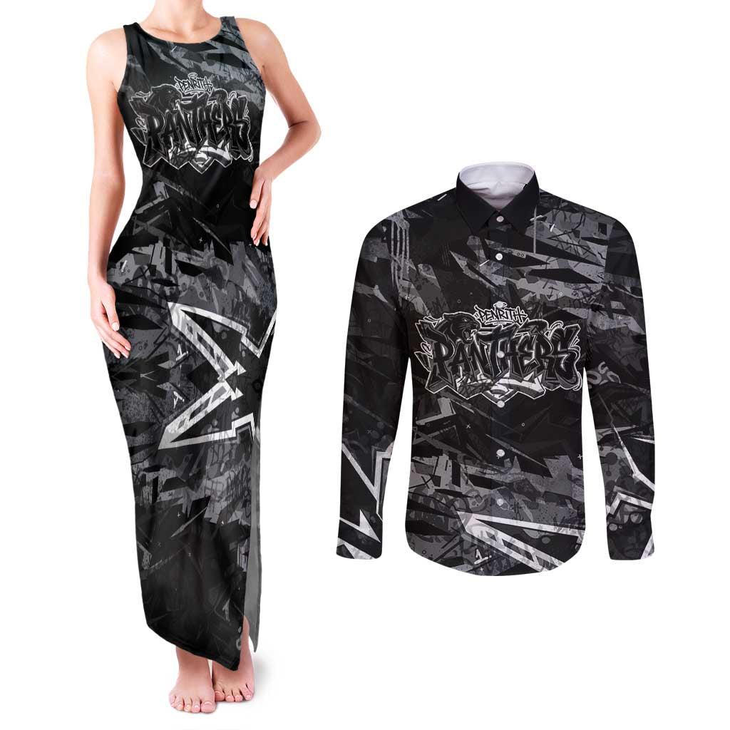 Personalized Penrith Panthers Couples Matching Tank Maxi Dress and Long Sleeve Button Shirt Graffiti Grunge Abstract Urban Street Style Design