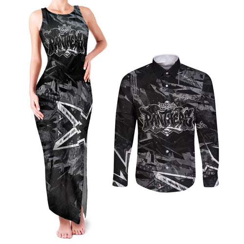 Personalized Penrith Panthers Couples Matching Tank Maxi Dress and Long Sleeve Button Shirt Graffiti Grunge Abstract Urban Street Style Design