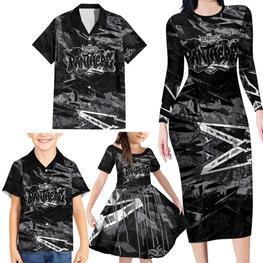 Personalized Penrith Panthers Family Matching Long Sleeve Bodycon Dress and Hawaiian Shirt Graffiti Grunge Abstract Urban Street Style Design