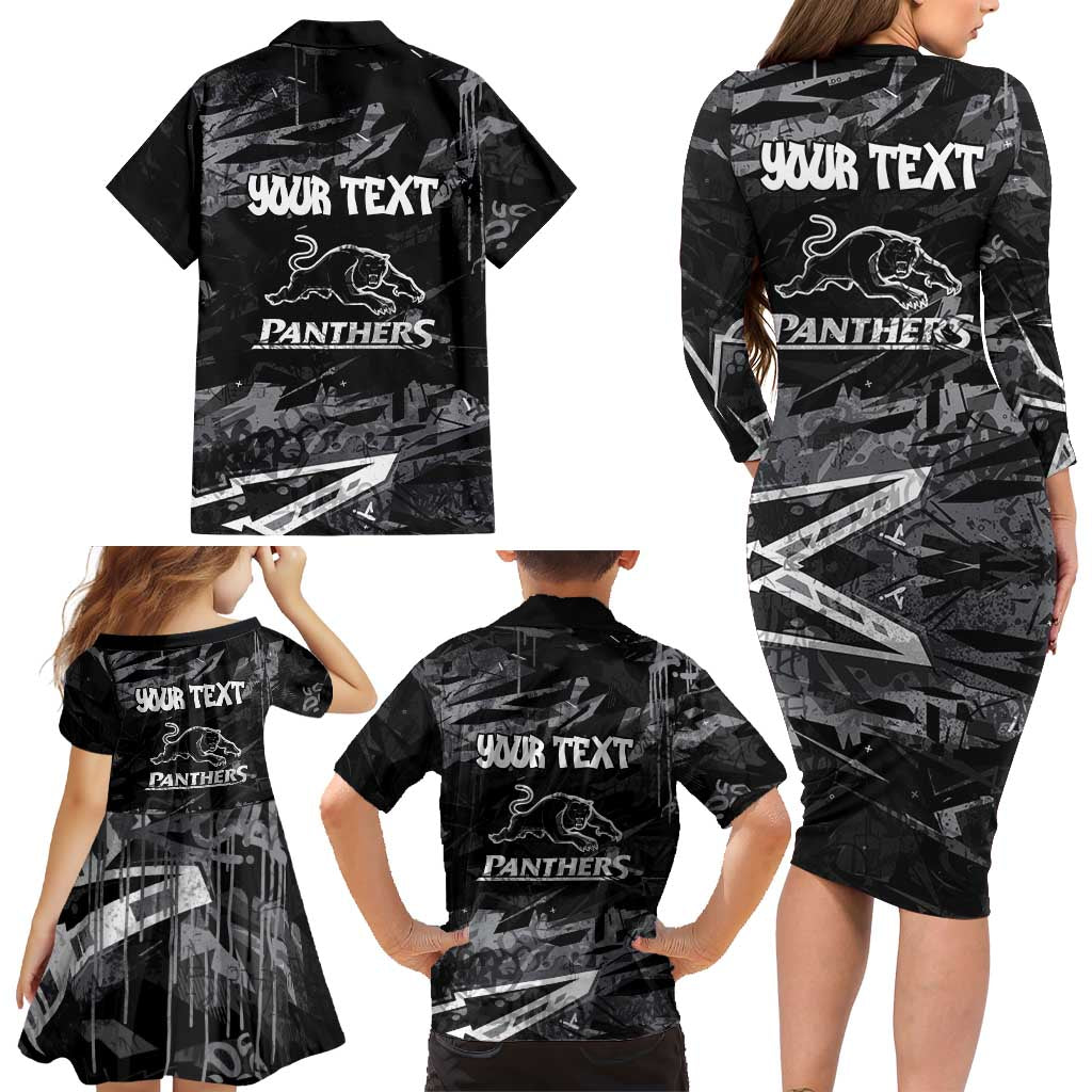 Personalized Penrith Panthers Family Matching Long Sleeve Bodycon Dress and Hawaiian Shirt Graffiti Grunge Abstract Urban Street Style Design