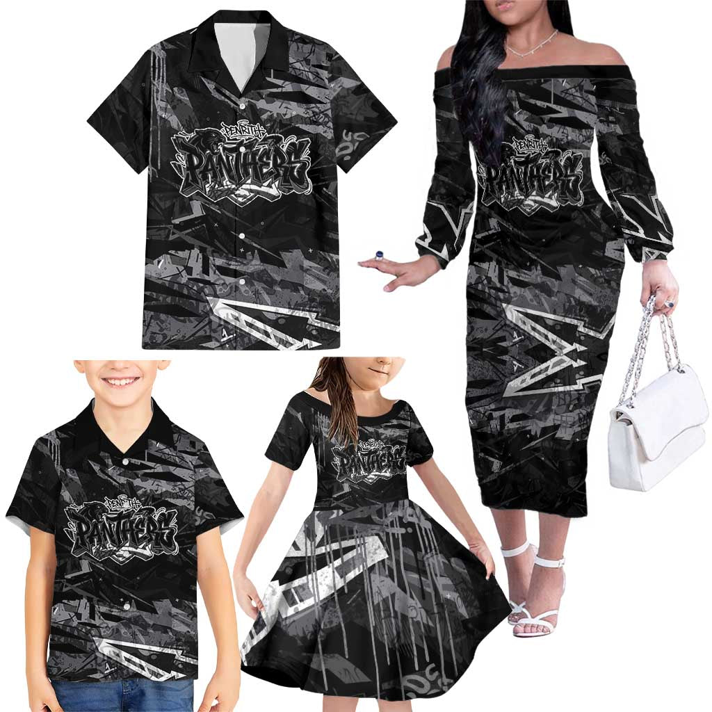 Personalized Penrith Panthers Family Matching Off The Shoulder Long Sleeve Dress and Hawaiian Shirt Graffiti Grunge Abstract Urban Street Style Design