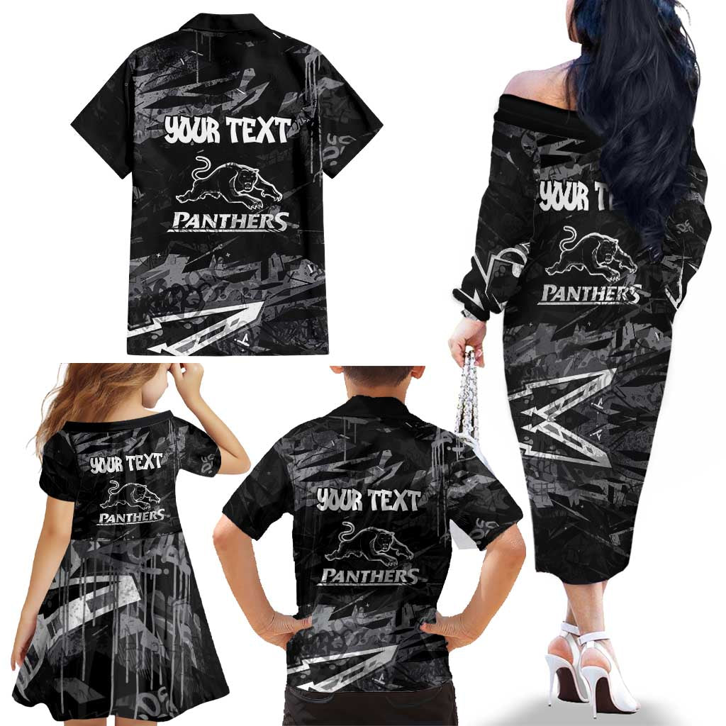 Personalized Penrith Panthers Family Matching Off The Shoulder Long Sleeve Dress and Hawaiian Shirt Graffiti Grunge Abstract Urban Street Style Design