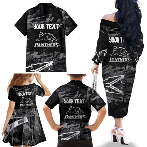 Personalized Penrith Panthers Family Matching Off The Shoulder Long Sleeve Dress and Hawaiian Shirt Graffiti Grunge Abstract Urban Street Style Design