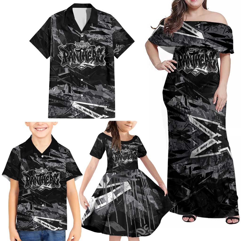 Personalized Penrith Panthers Family Matching Off Shoulder Maxi Dress and Hawaiian Shirt Graffiti Grunge Abstract Urban Street Style Design