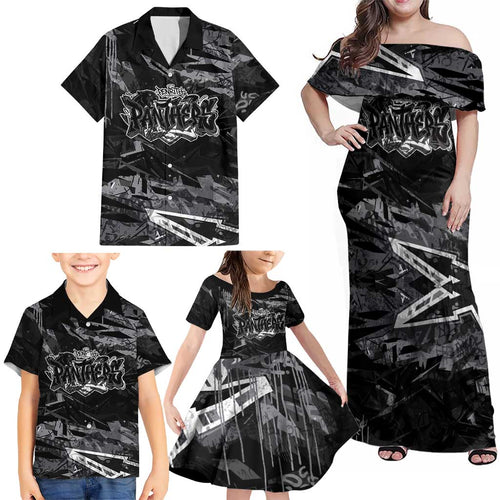 Personalized Penrith Panthers Family Matching Off Shoulder Maxi Dress and Hawaiian Shirt Graffiti Grunge Abstract Urban Street Style Design