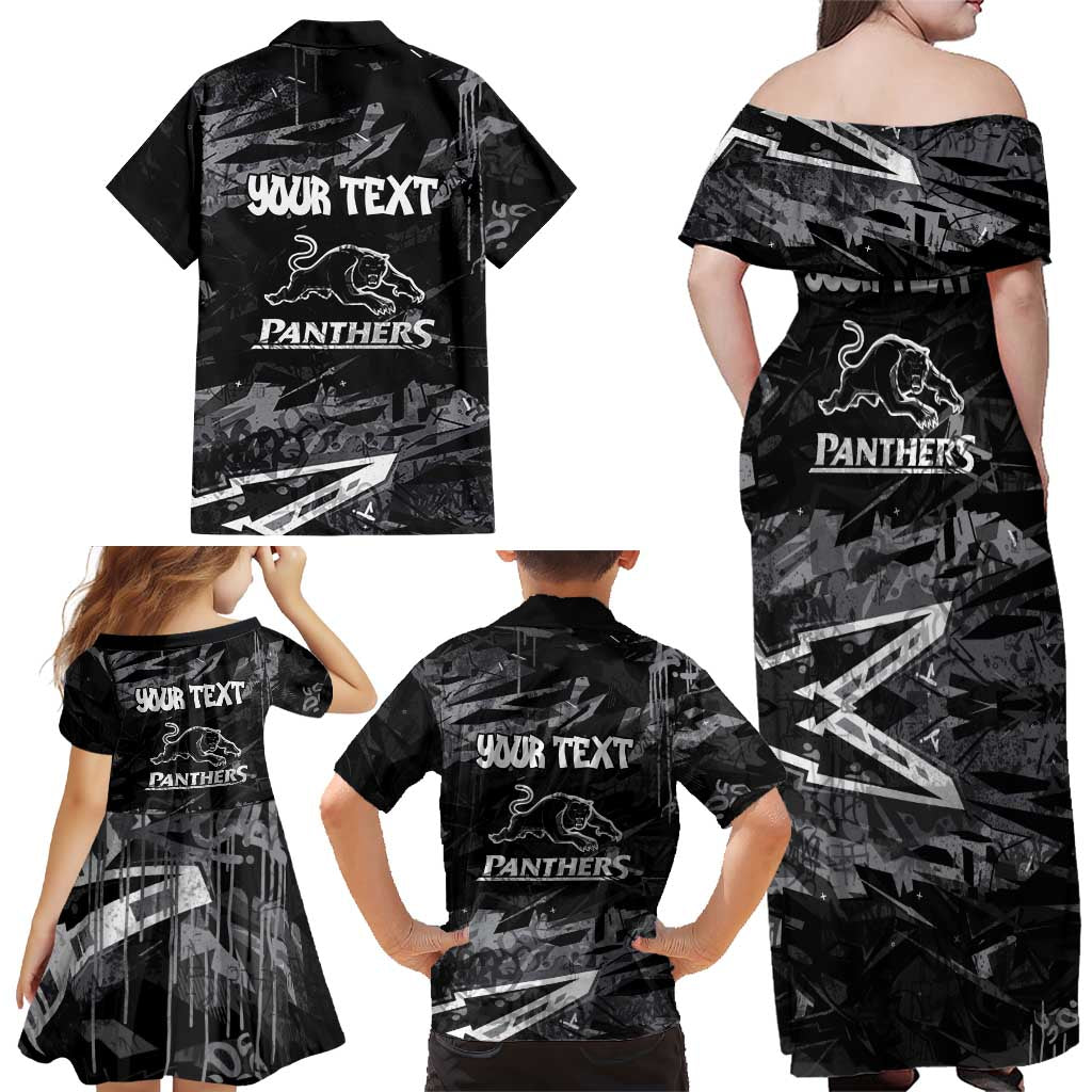 Personalized Penrith Panthers Family Matching Off Shoulder Maxi Dress and Hawaiian Shirt Graffiti Grunge Abstract Urban Street Style Design