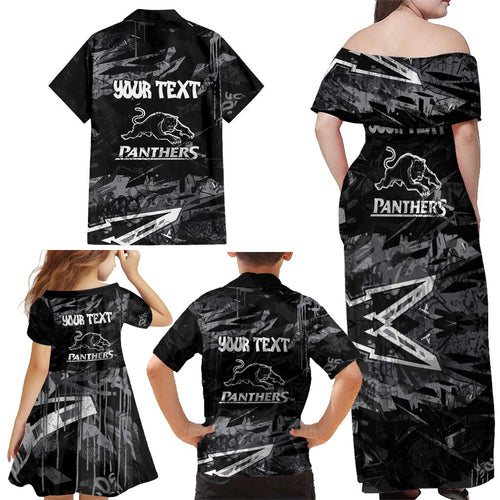 Personalized Penrith Panthers Family Matching Off Shoulder Maxi Dress and Hawaiian Shirt Graffiti Grunge Abstract Urban Street Style Design