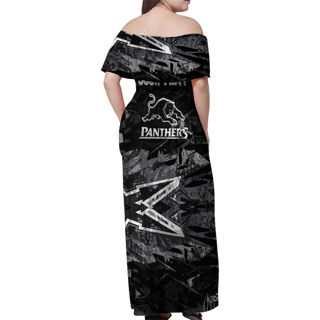 Personalized Penrith Panthers Family Matching Off Shoulder Maxi Dress and Hawaiian Shirt Graffiti Grunge Abstract Urban Street Style Design