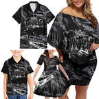 Personalized Penrith Panthers Family Matching Off Shoulder Short Dress and Hawaiian Shirt Graffiti Grunge Abstract Urban Street Style Design