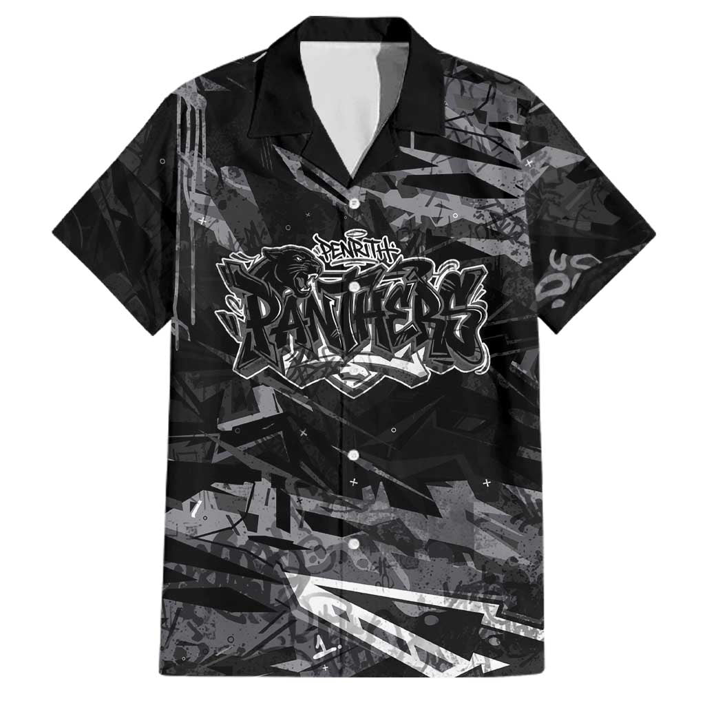 Personalized Penrith Panthers Family Matching Off Shoulder Short Dress and Hawaiian Shirt Graffiti Grunge Abstract Urban Street Style Design