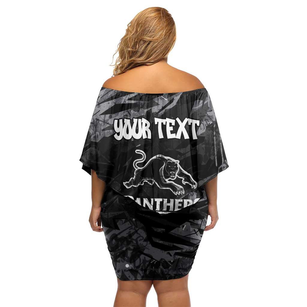 Personalized Penrith Panthers Family Matching Off Shoulder Short Dress and Hawaiian Shirt Graffiti Grunge Abstract Urban Street Style Design