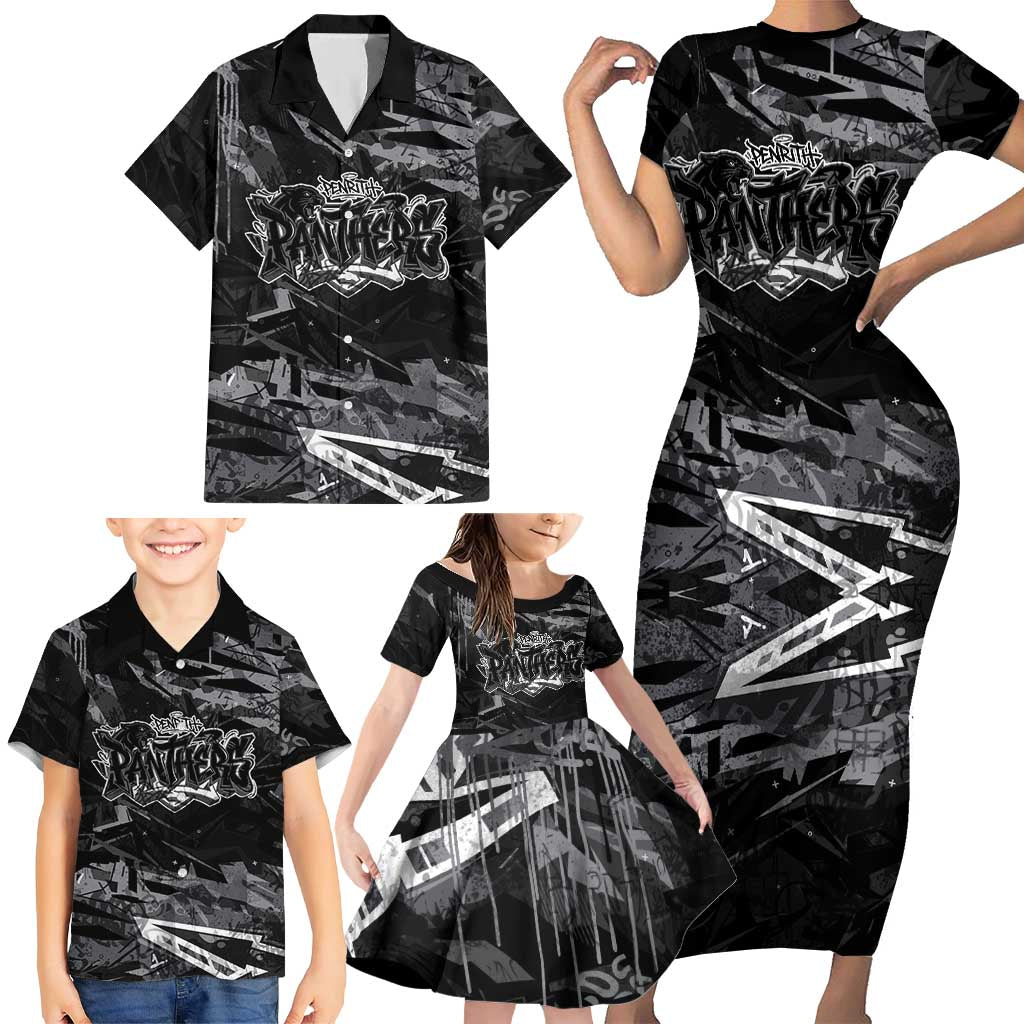 Personalized Penrith Panthers Family Matching Short Sleeve Bodycon Dress and Hawaiian Shirt Graffiti Grunge Abstract Urban Street Style Design