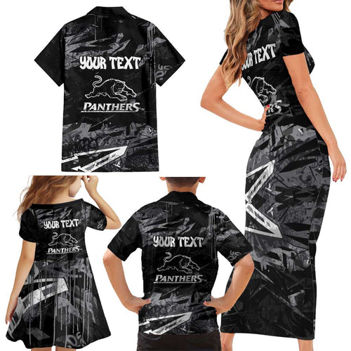 Personalized Penrith Panthers Family Matching Short Sleeve Bodycon Dress and Hawaiian Shirt Graffiti Grunge Abstract Urban Street Style Design
